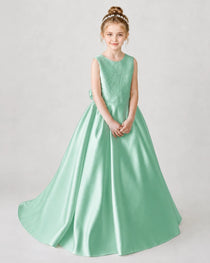 Satin Mintgreen Lace A-line Flower Girl Dress Front View