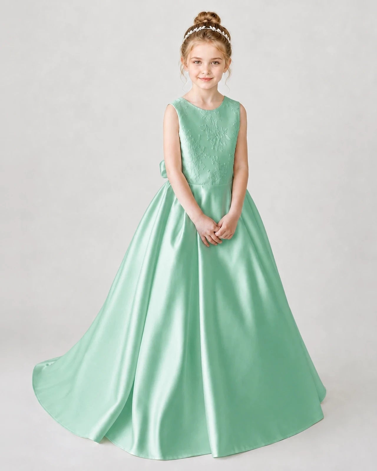 Satin Mintgreen Lace A-line Flower Girl Dress Front View