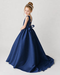 Satin Navyblue Lace A-line Flower Girl Dress Back View