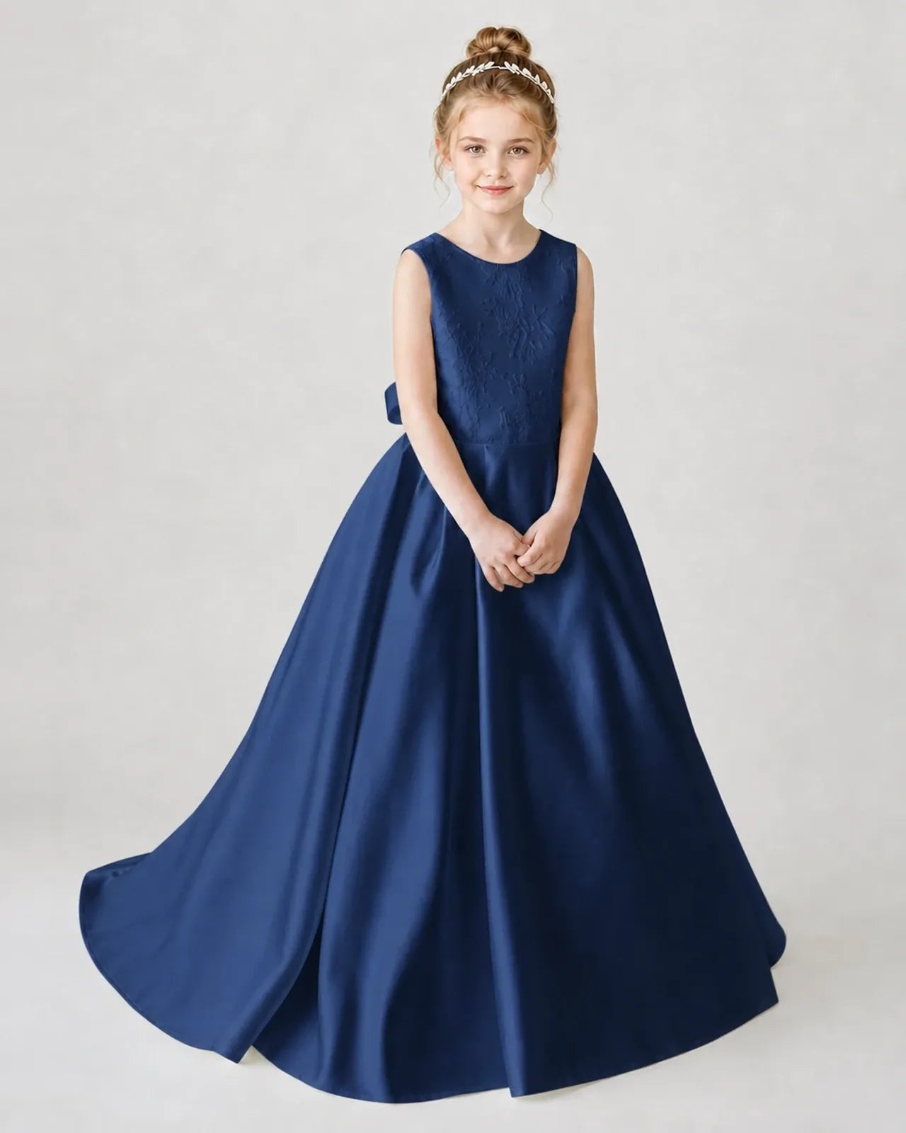 Satin Navyblue Lace A-line Flower Girl Dress Front View