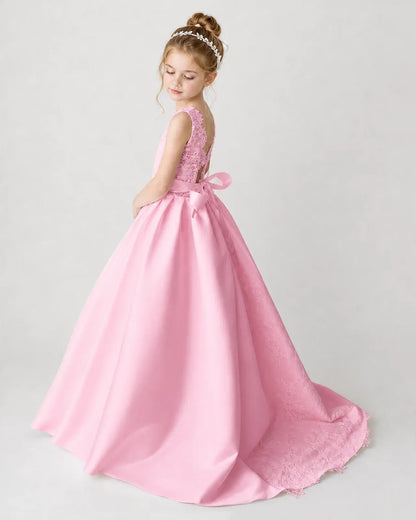 Satin Pink Lace A-line Flower Girl Dress Back View