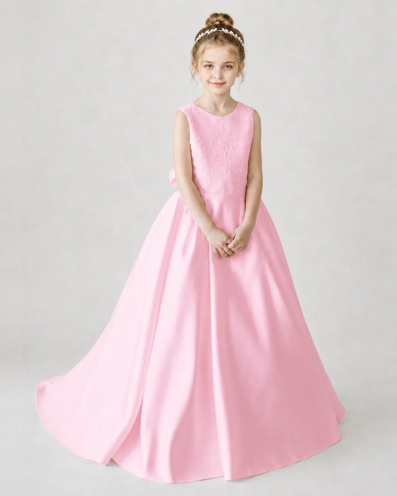 Satin Pink Lace A-line Flower Girl Dress Front View