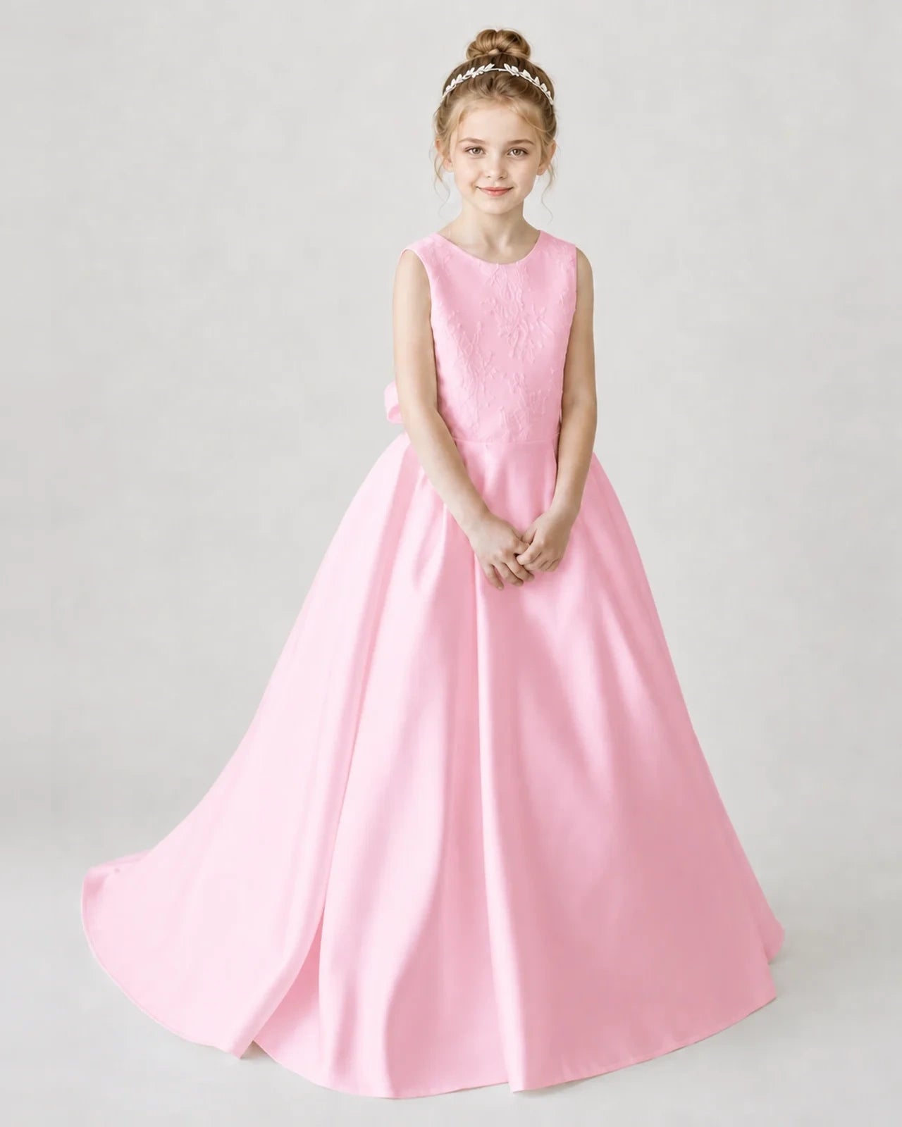 Satin Pink Lace A-line Flower Girl Dress Front View