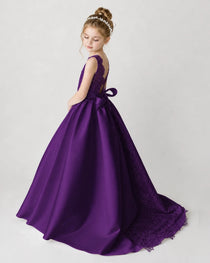 Satin Purple Lace A-line Flower Girl Dress Back View