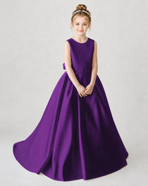 Satin Purple Lace A-line Flower Girl Dress Front View