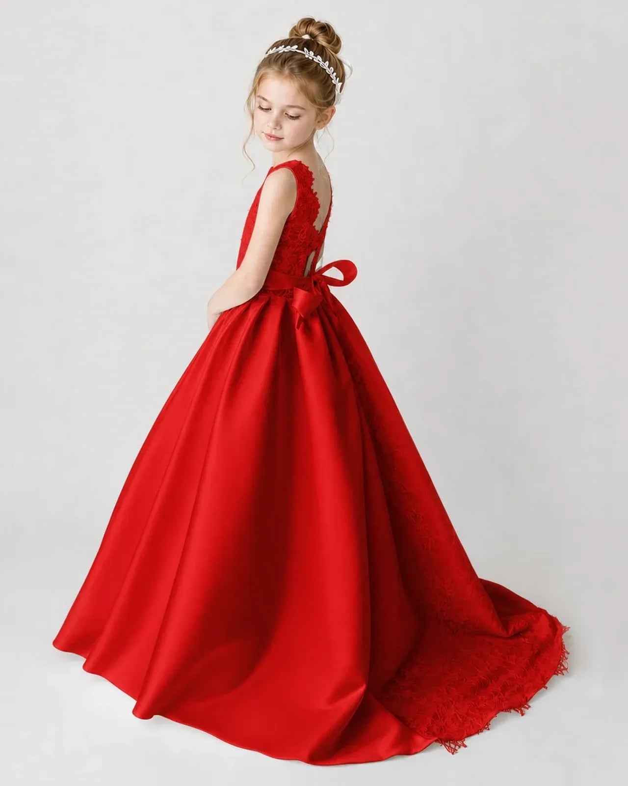 Satin Red Lace A-line Flower Girl Dress Back View