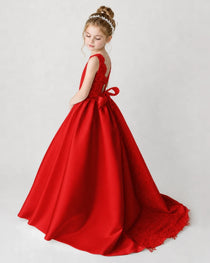 Satin Red Lace A-line Flower Girl Dress Back View