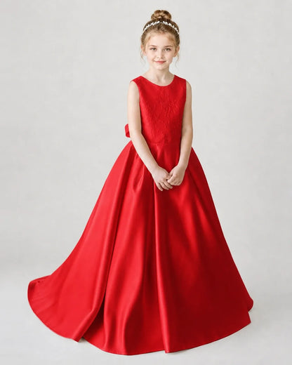 Satin Red Lace A-line Flower Girl Dress Front View