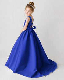 Satin Royalblue Lace A-line Flower Girl Dress Back View