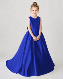 Satin Royalblue Lace A-line Flower Girl Dress Front View