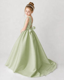 Satin Sagegreen Lace A-line Flower Girl Dress Back View