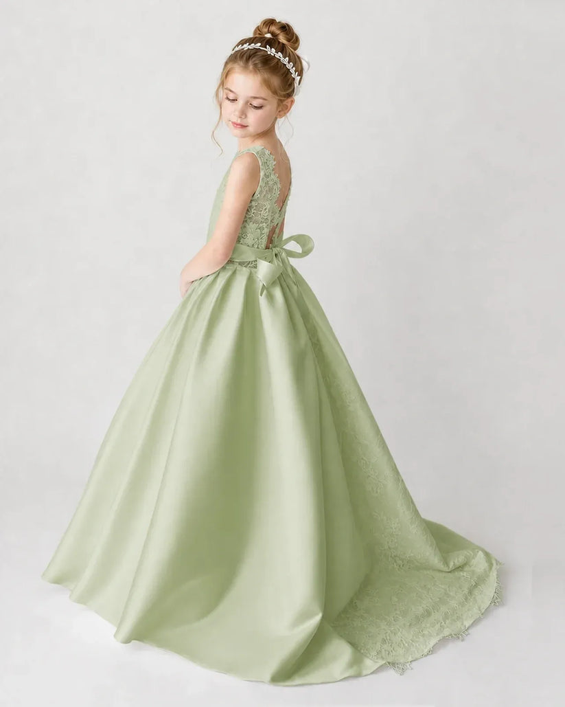 Sage green Lace A-line Flower Girl Dress Back View