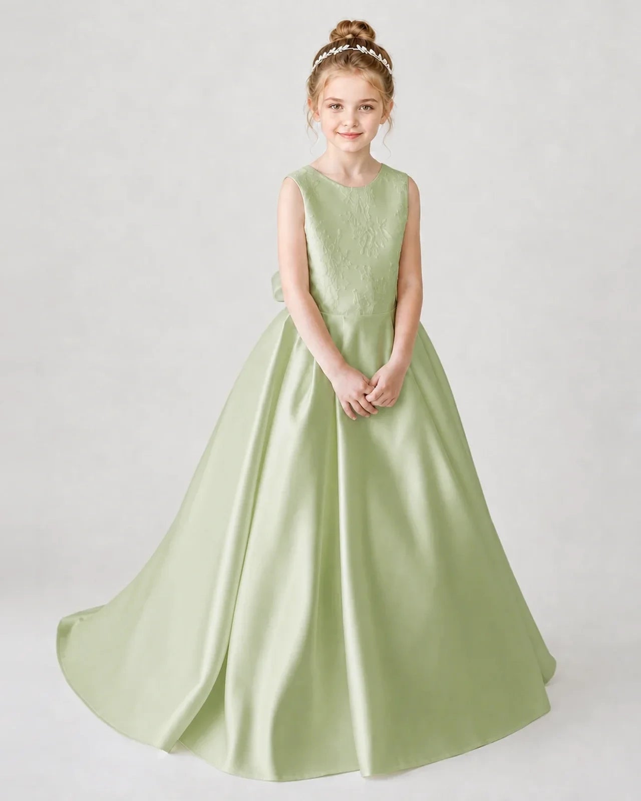 Satin Sagegreen Lace A-line Flower Girl Dress Front View