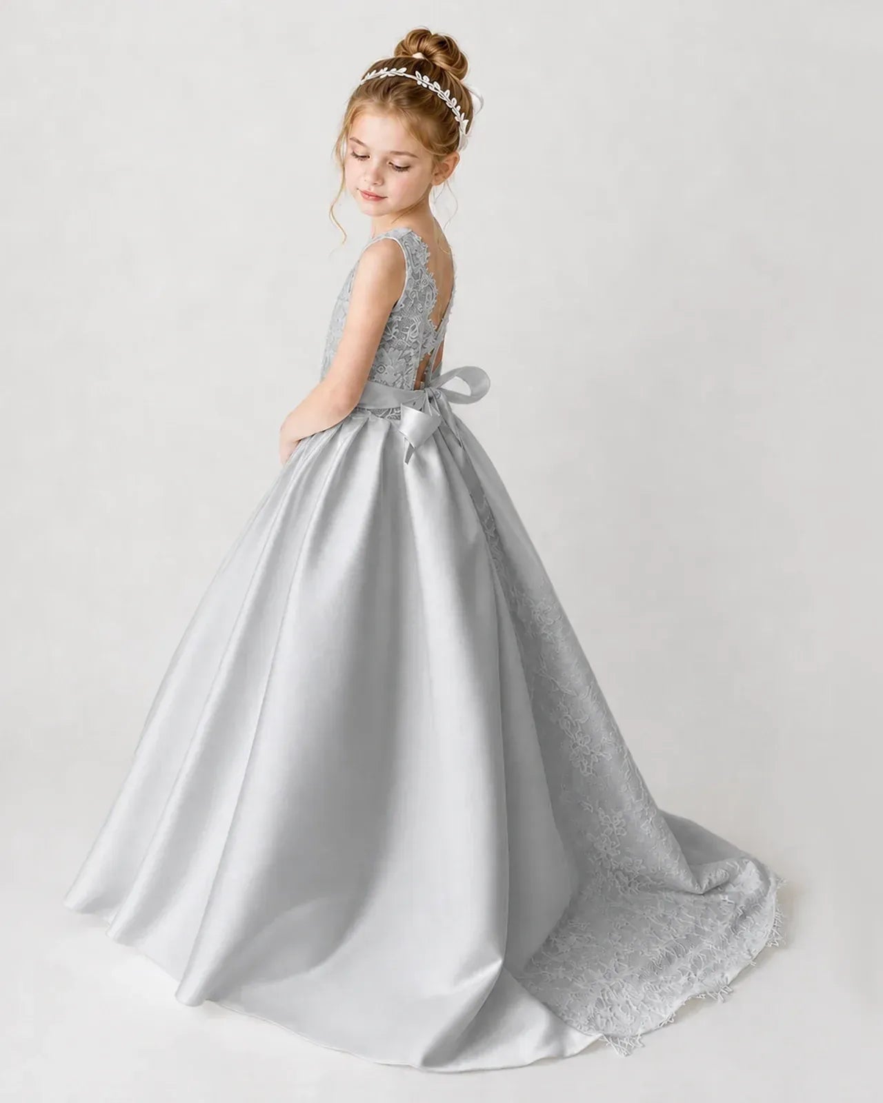Satin Silver Lace A-line Flower Girl Dress Back View