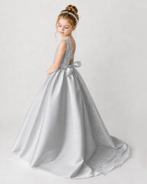 Satin Silver Lace A-line Flower Girl Dress Back View