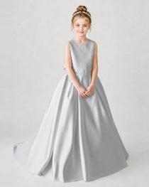 Satin Silver Lace A-line Flower Girl Dress Front View