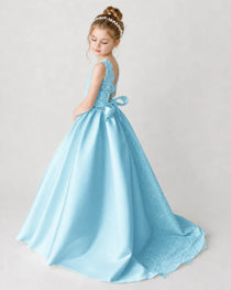 Satin Skyblue Lace A-line Flower Girl Dress Back View