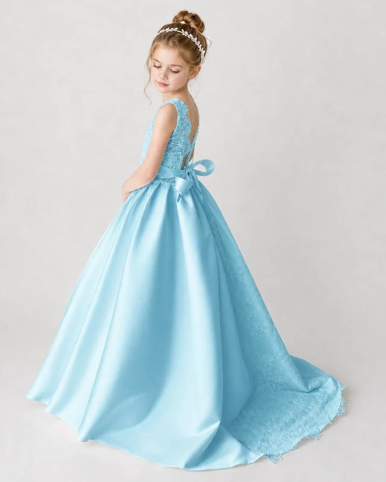 Satin Skyblue Lace A-line Flower Girl Dress Back View
