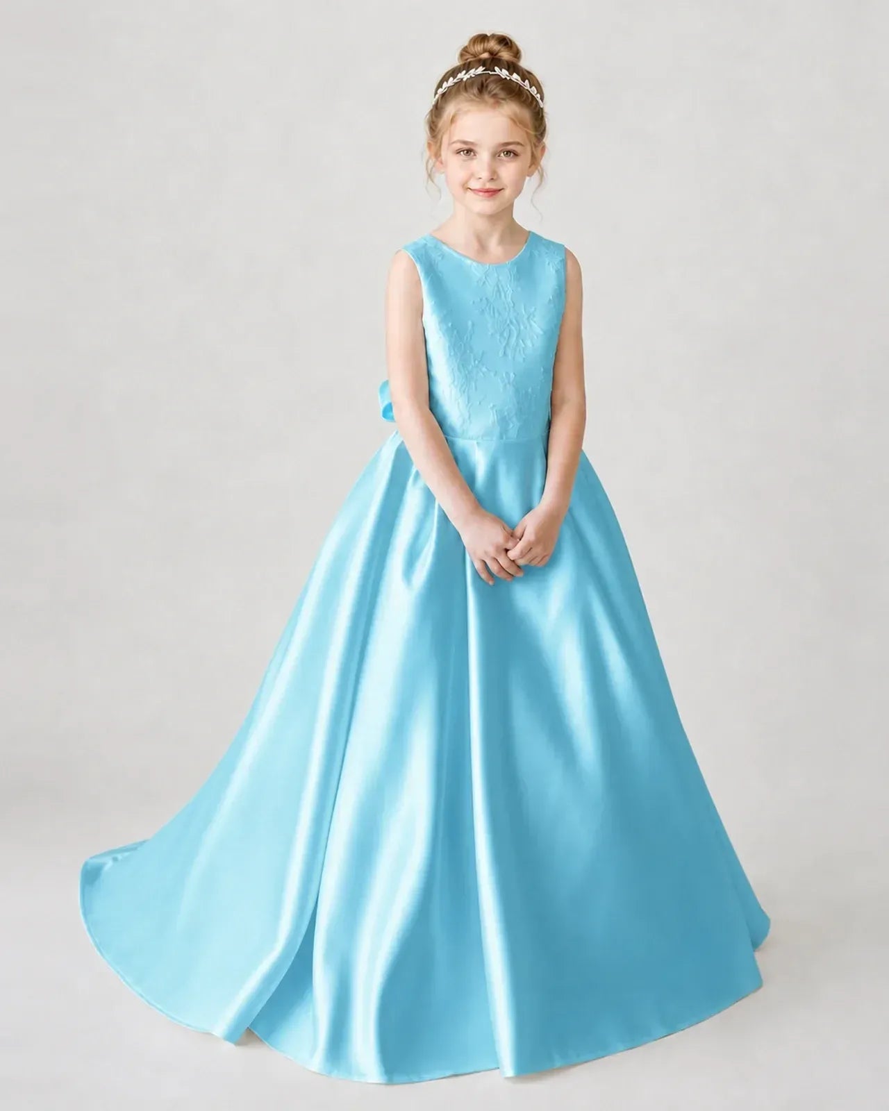 Satin Skyblue Lace A-line Flower Girl Dress Front View