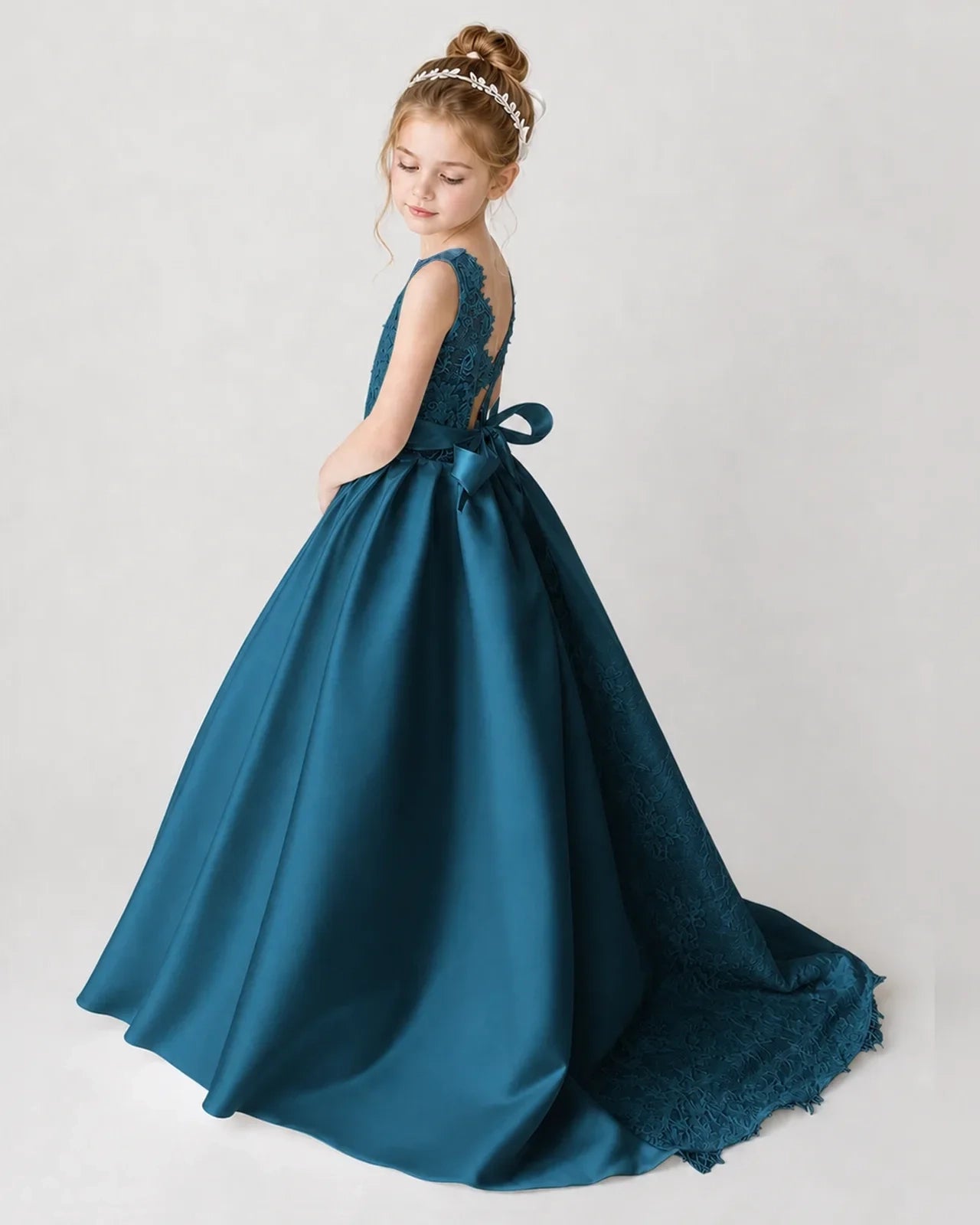 Satin Teal Lace A-line Flower Girl Dress Back View