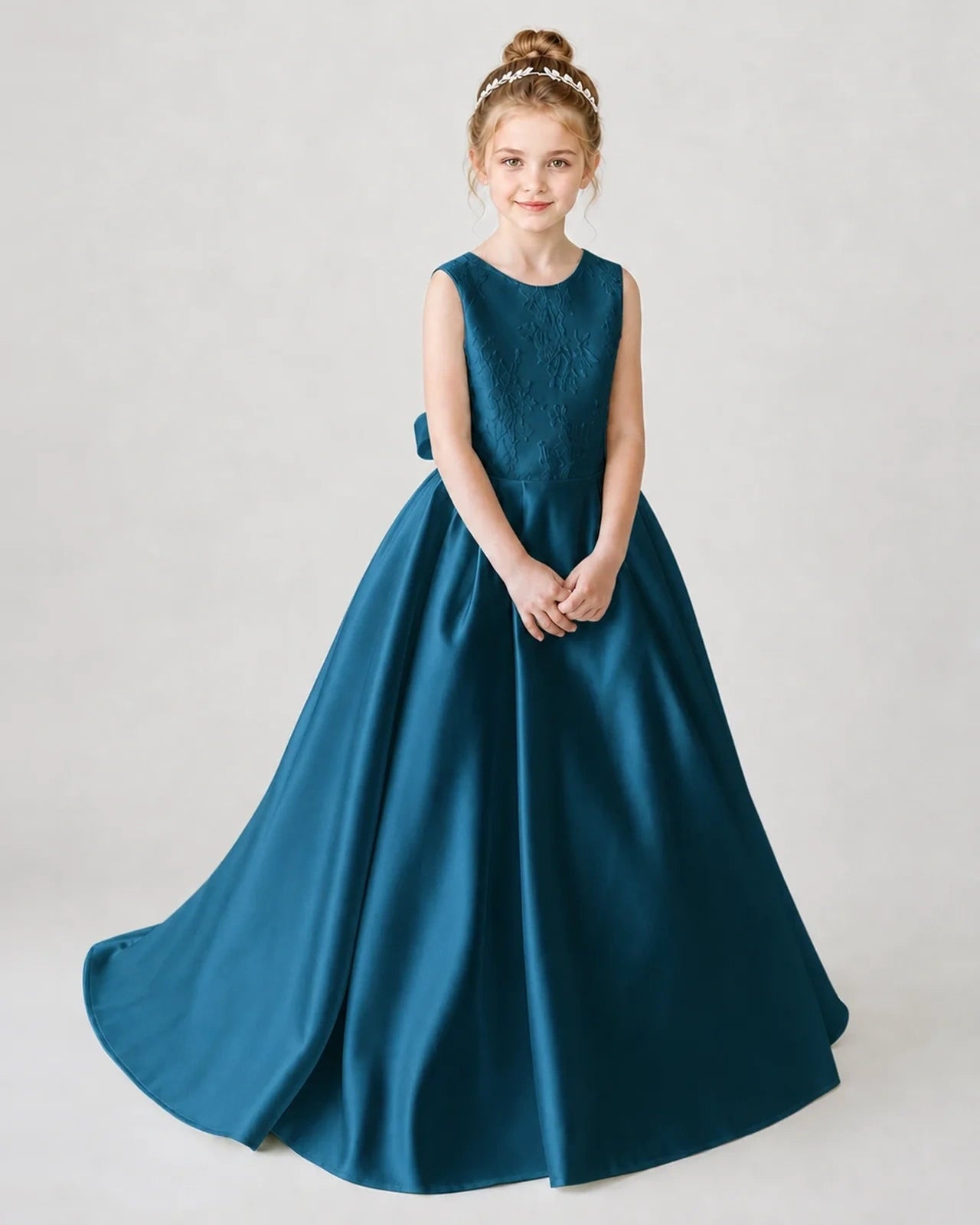Satin Teal Lace A-line Flower Girl Dress Front View