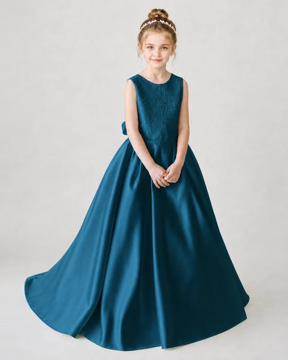 Satin Teal Lace A-line Flower Girl Dress Front View