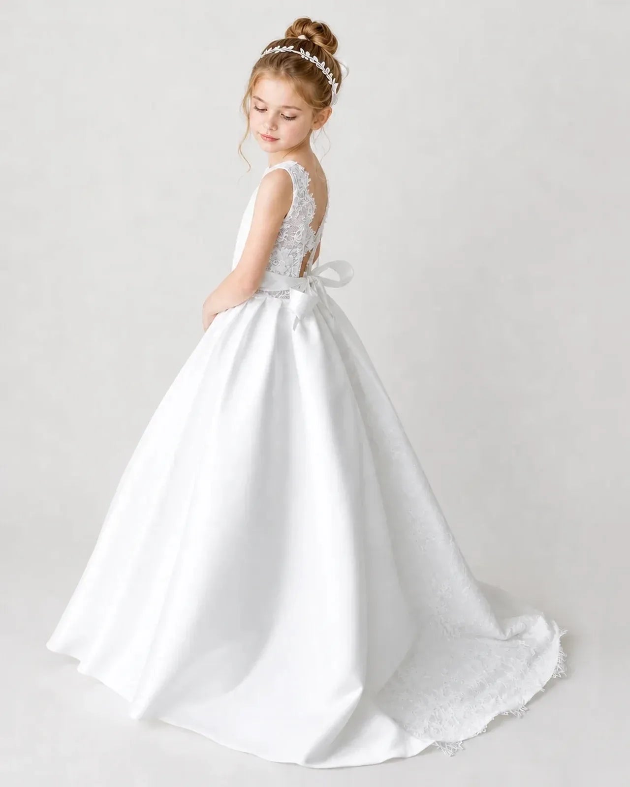 Satin White Lace A-line Flower Girl Dress Back View
