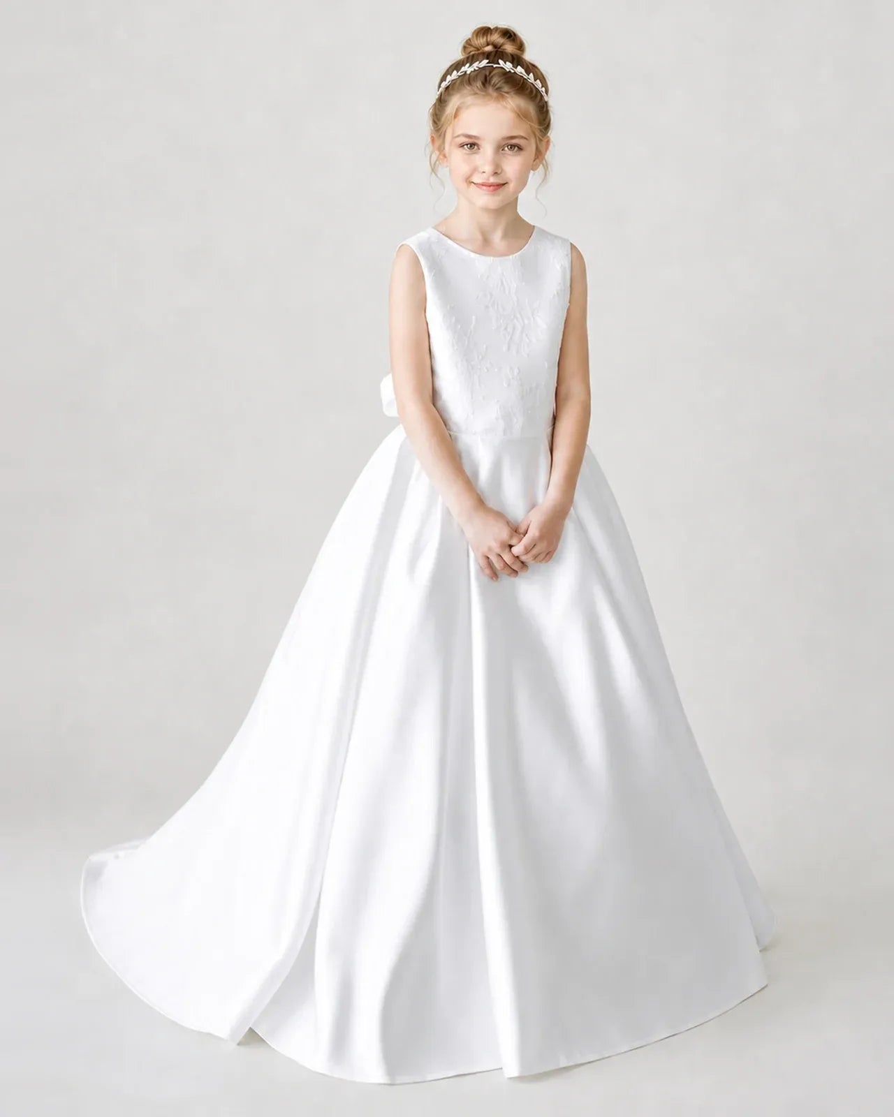 Satin White Lace A-line Flower Girl Dress Front View