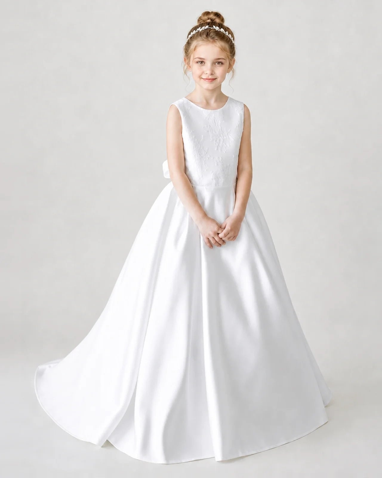 Satin White Lace A-line Flower Girl Dress Front View