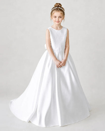Satin White Lace A-line Flower Girl Dress Front View