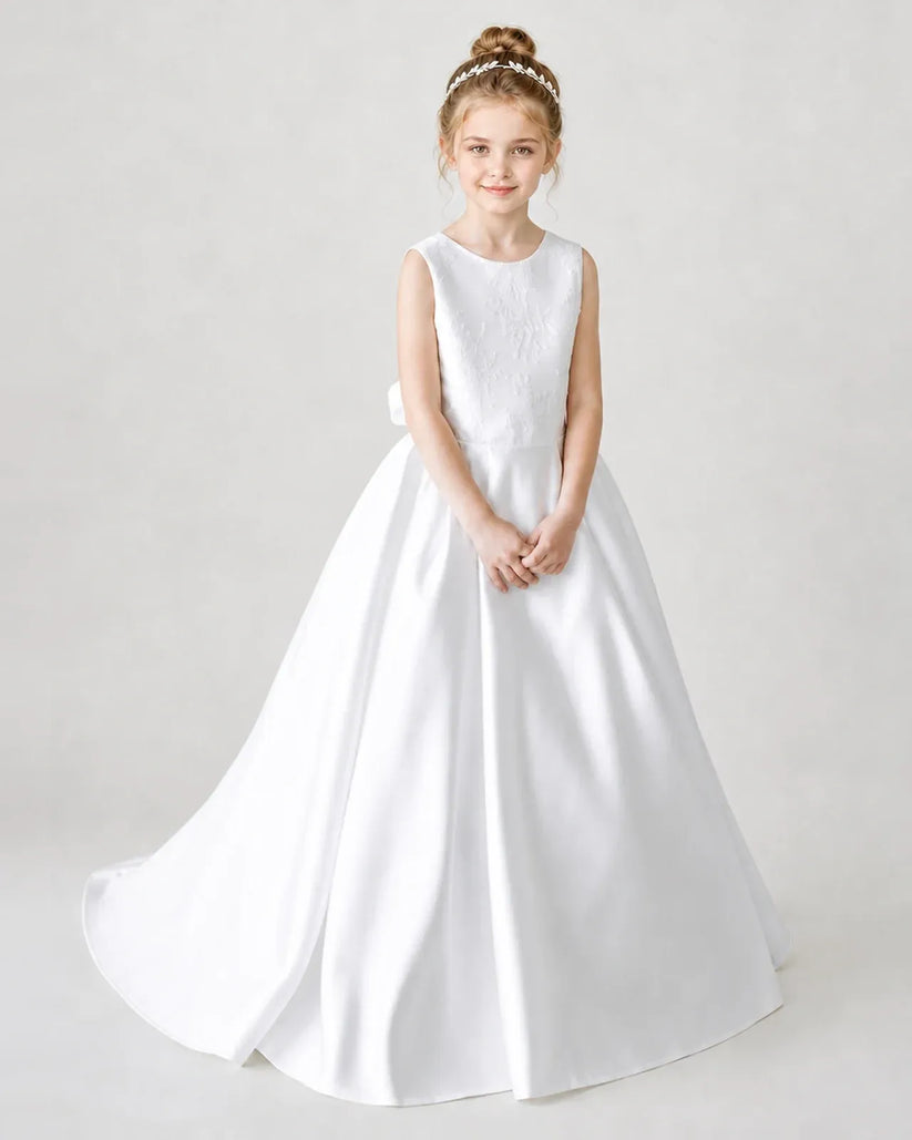 White Lace A-line Flower Girl Dress Front View