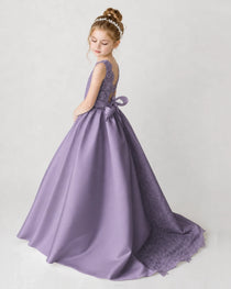 Satin Wisteria Lace A-line Flower Girl Dress Back View