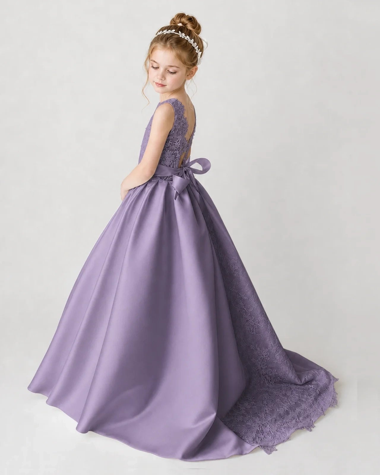 Satin Wisteria Lace A-line Flower Girl Dress Back View