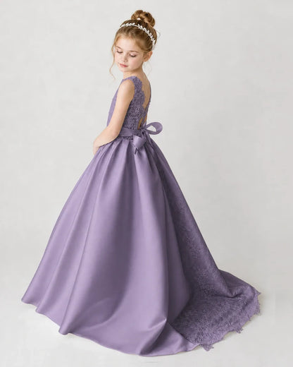 Satin Wisteria Lace A-line Flower Girl Dress Back View