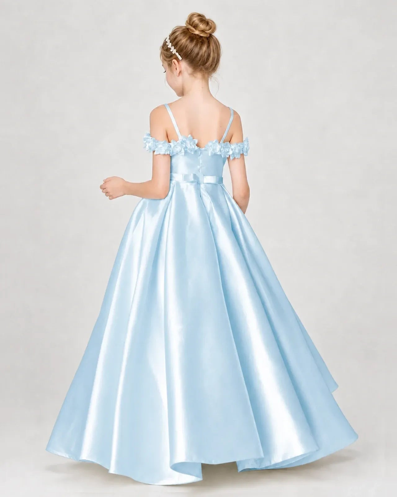 Baby Blue Satin A-line Girls Formal Dress Back View