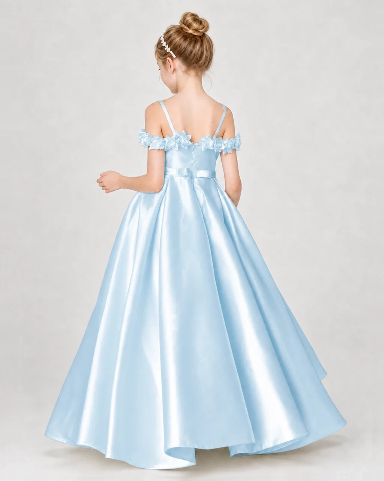 Dideyttawl Satin Girl Formal Dress with 3D Flowers & Off-Shoulder Straps