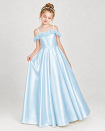 Dideyttawl Satin Girl Formal Dress with 3D Flowers & Off-Shoulder Straps