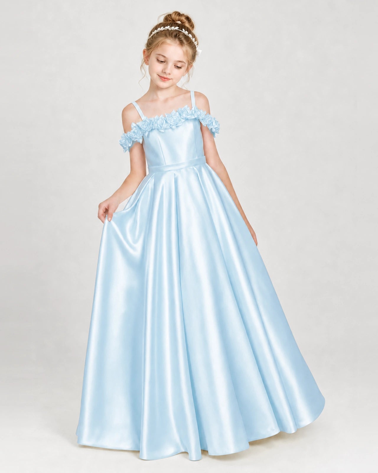 Dideyttawl Satin Girl Formal Dress with 3D Flowers & Off-Shoulder Straps