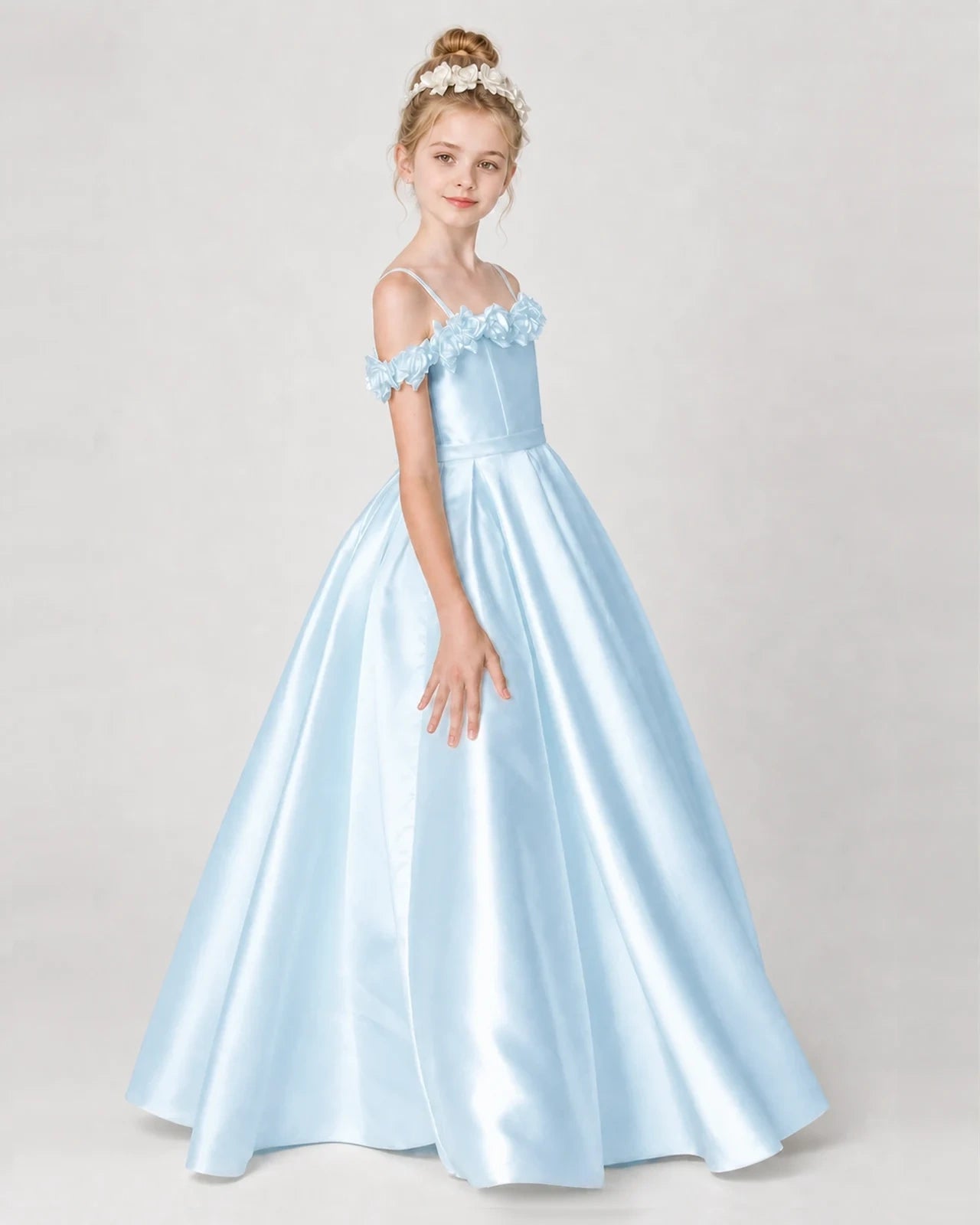 Dideyttawl Satin Girl Formal Dress with 3D Flowers & Off-Shoulder Straps
