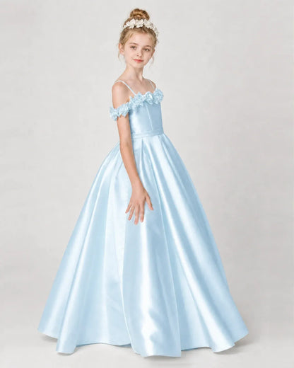 Baby Blue Satin A-line Girls Formal Dress Side View