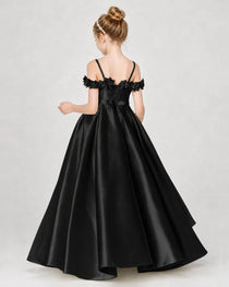 Dideyttawl Satin Girl Formal Dress with 3D Flowers & Off-Shoulder Straps