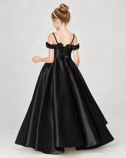 Black Satin A-line Girls Formal Dress Back View