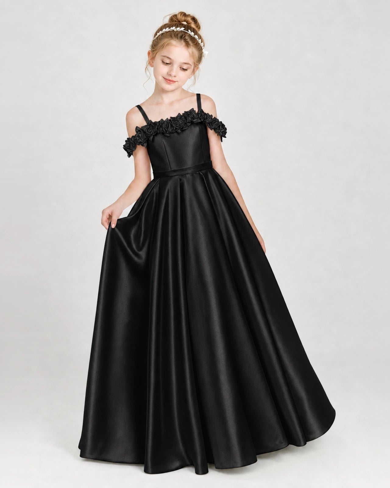 Dideyttawl Satin Girl Formal Dress with 3D Flowers & Off-Shoulder Straps
