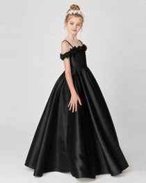 Dideyttawl Satin Girl Formal Dress with 3D Flowers & Off-Shoulder Straps