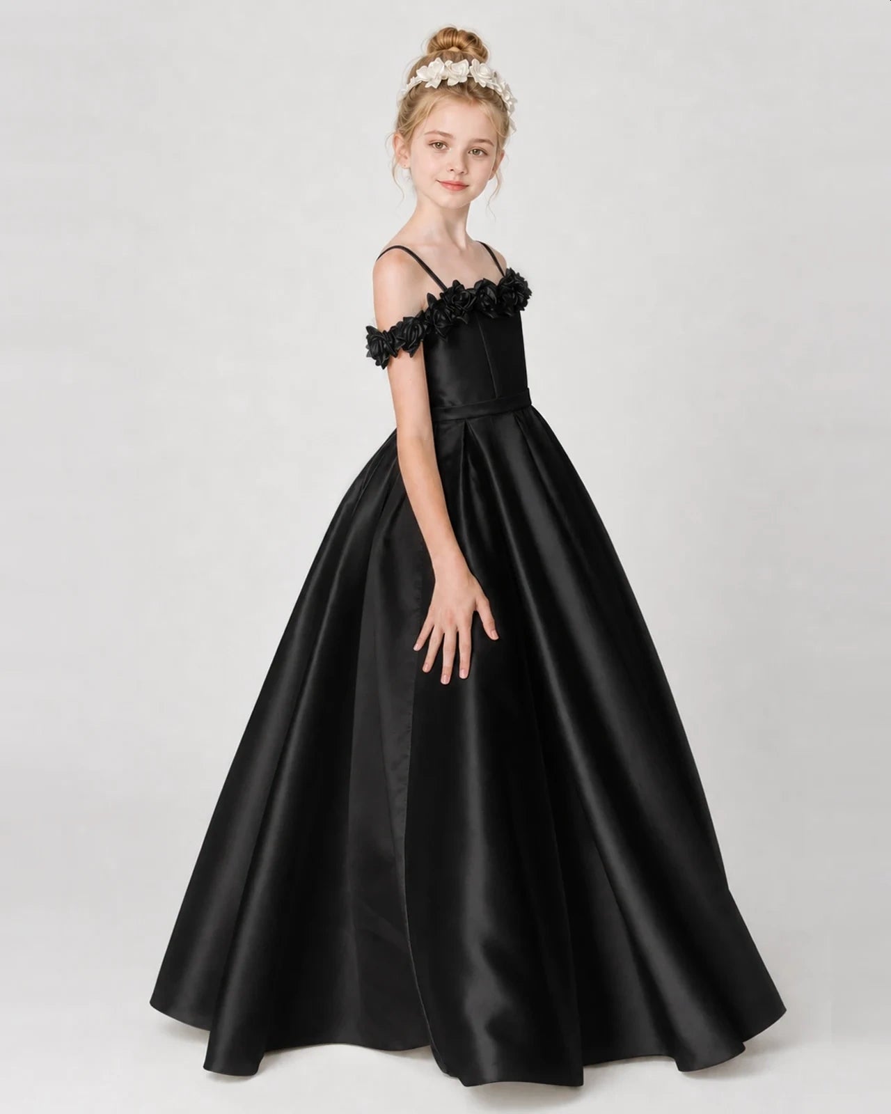 Dideyttawl Satin Girl Formal Dress with 3D Flowers & Off-Shoulder Straps