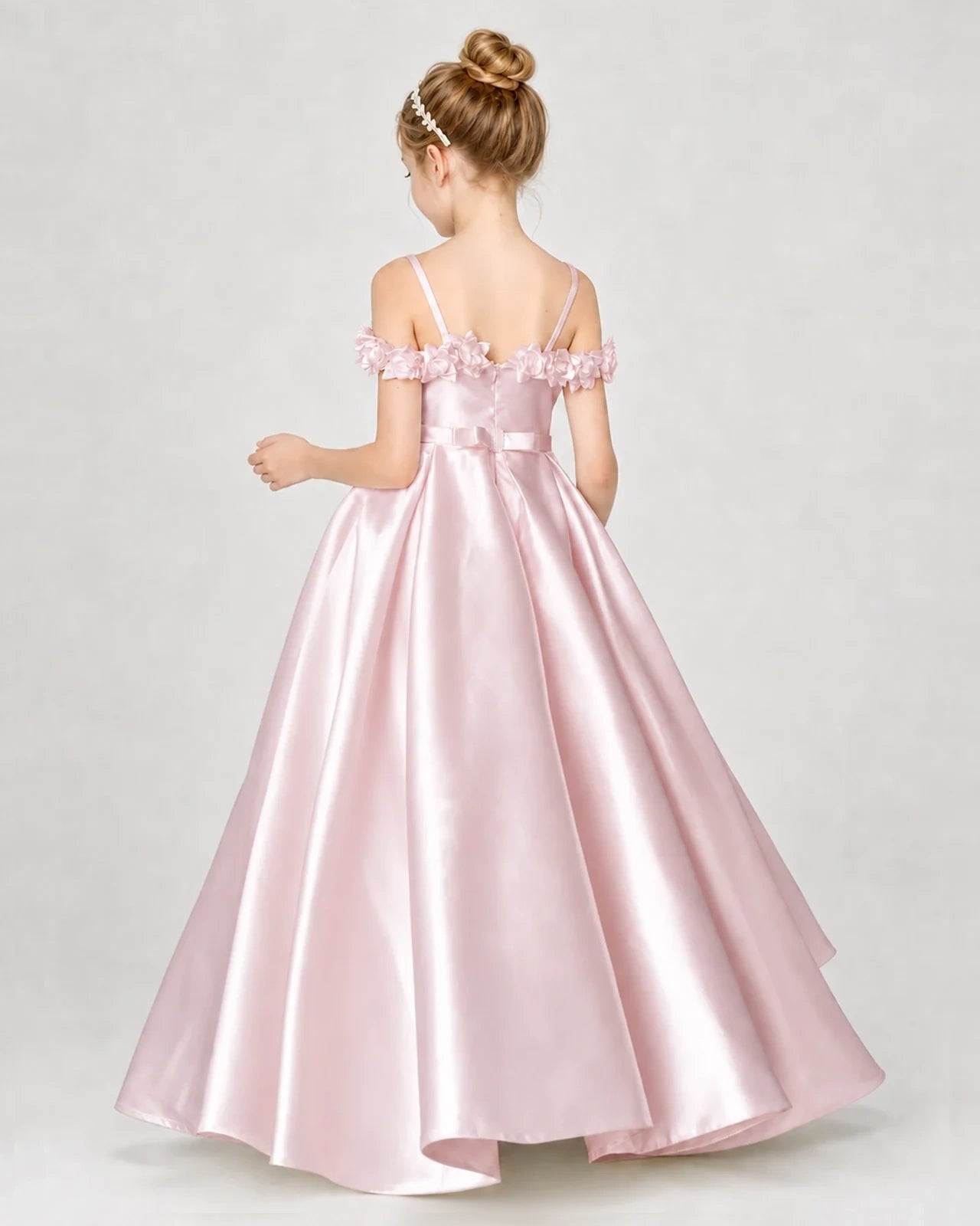 Dideyttawl Satin Girl Formal Dress with 3D Flowers & Off-Shoulder Straps