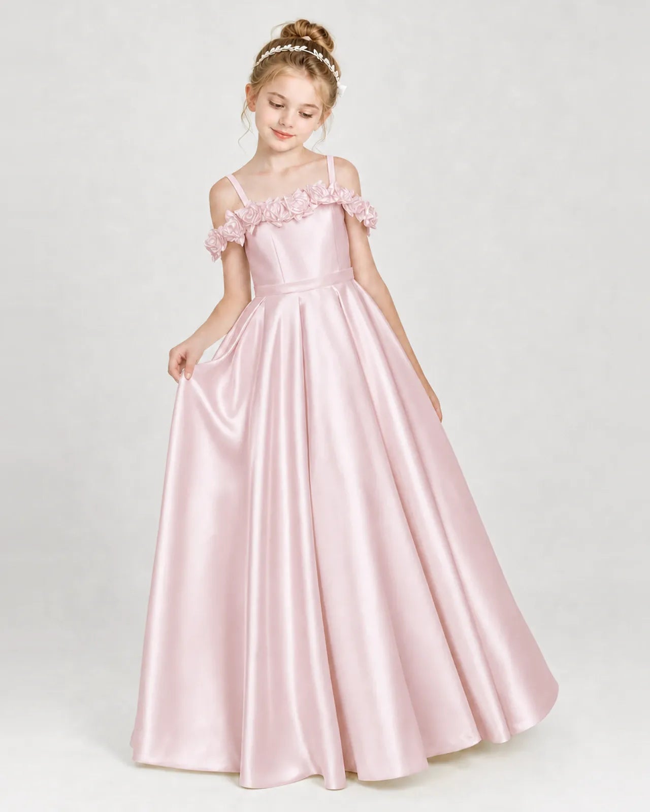 Blush Pink Satin A-line Girls Formal Dress Front View