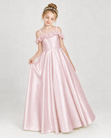 Blush Pink Satin A-line Girls Formal Dress Front View