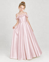 Dideyttawl Satin Girl Formal Dress with 3D Flowers & Off-Shoulder Straps