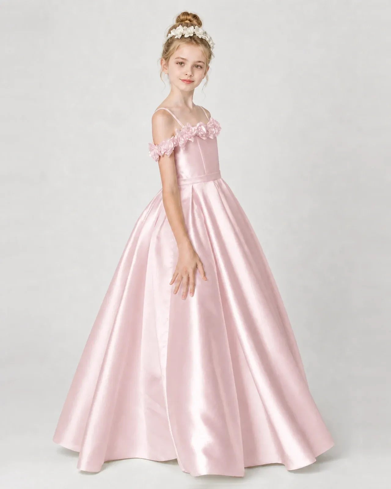 Blush Pink Satin A-line Girls Formal Dress Side View
